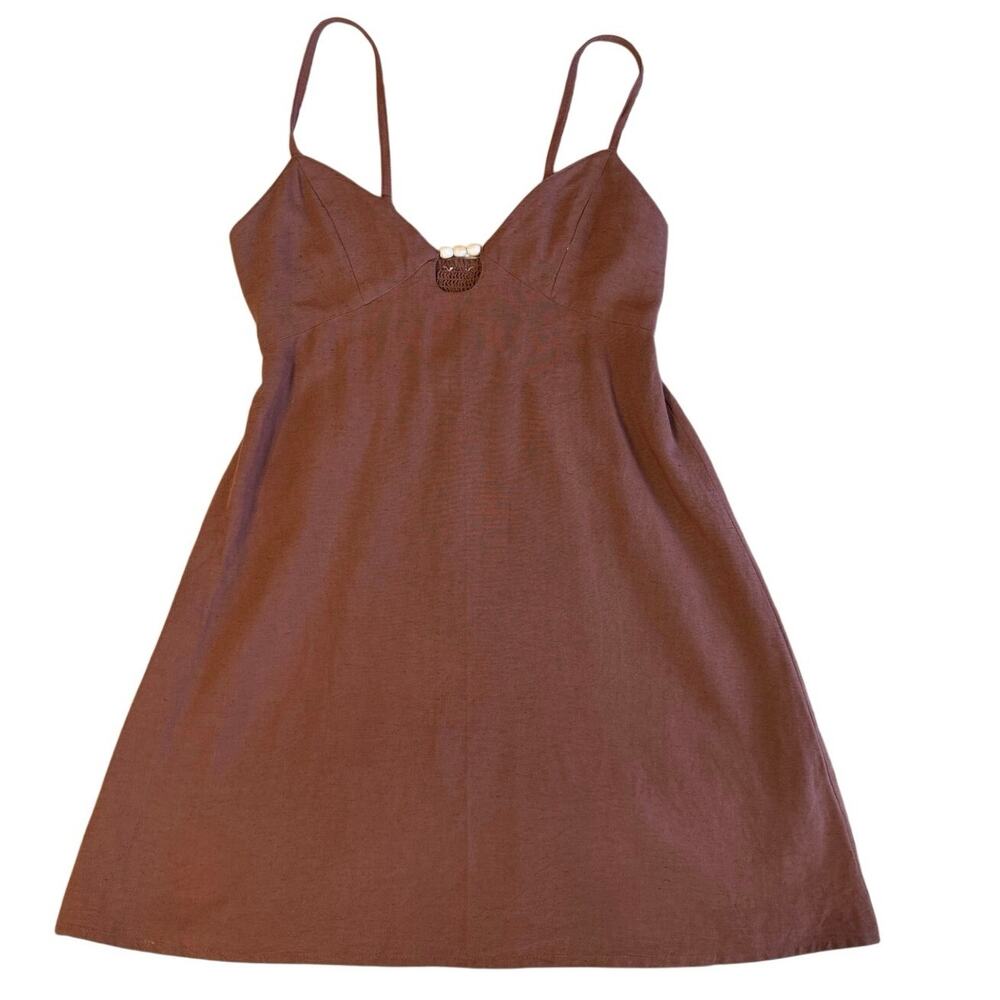 Boho Linen Blend Spaghetti Strap Beach A Line Mini Sun Dress W/ Beaded Detail Sm